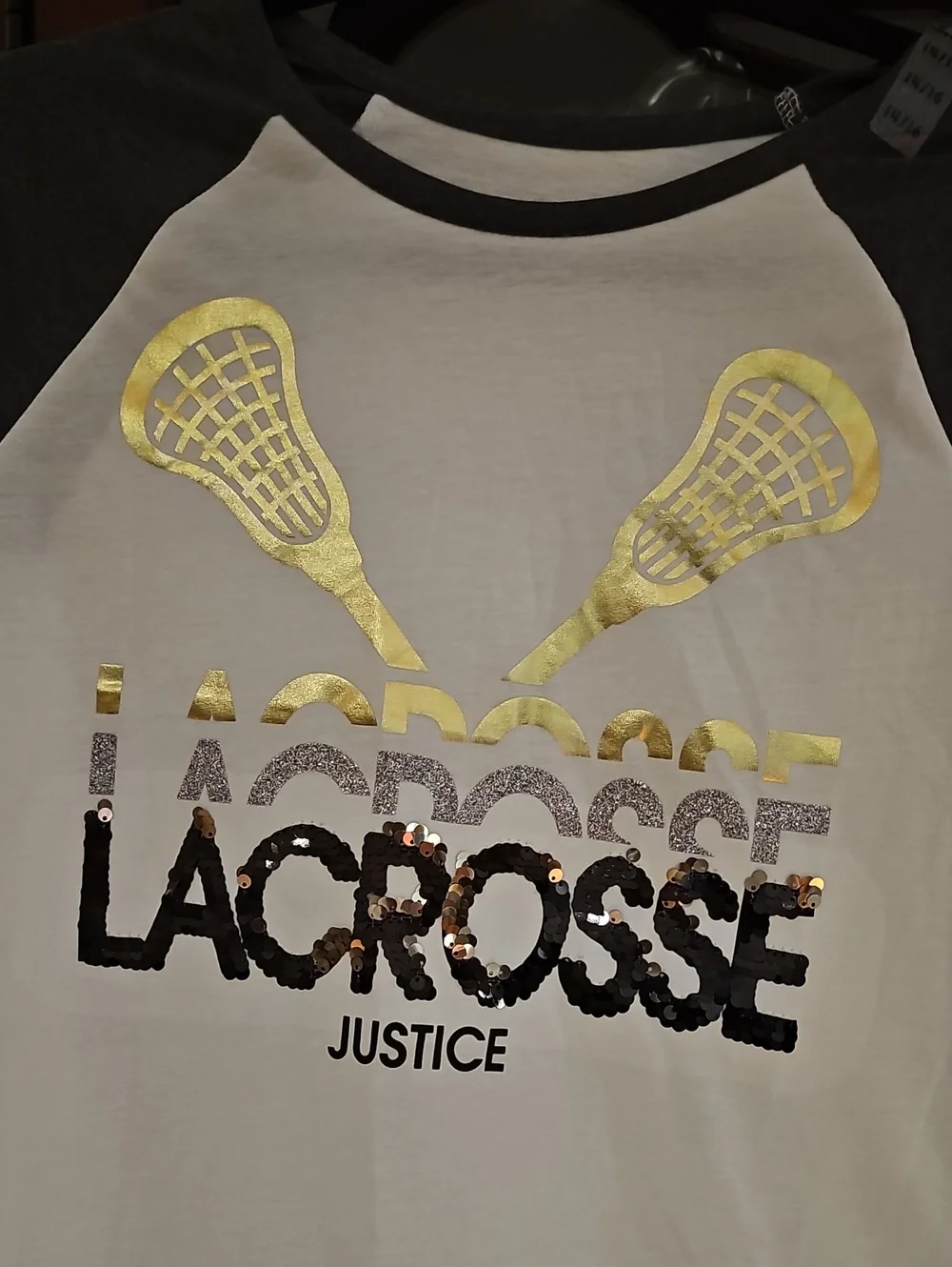 Justice Lacrosse Raglan Glitter Tee - White with Charcoal Sleeves Sz 14-16 Nwt